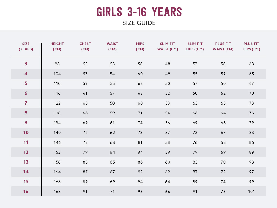 School Uniforms Size Chart | Kids 